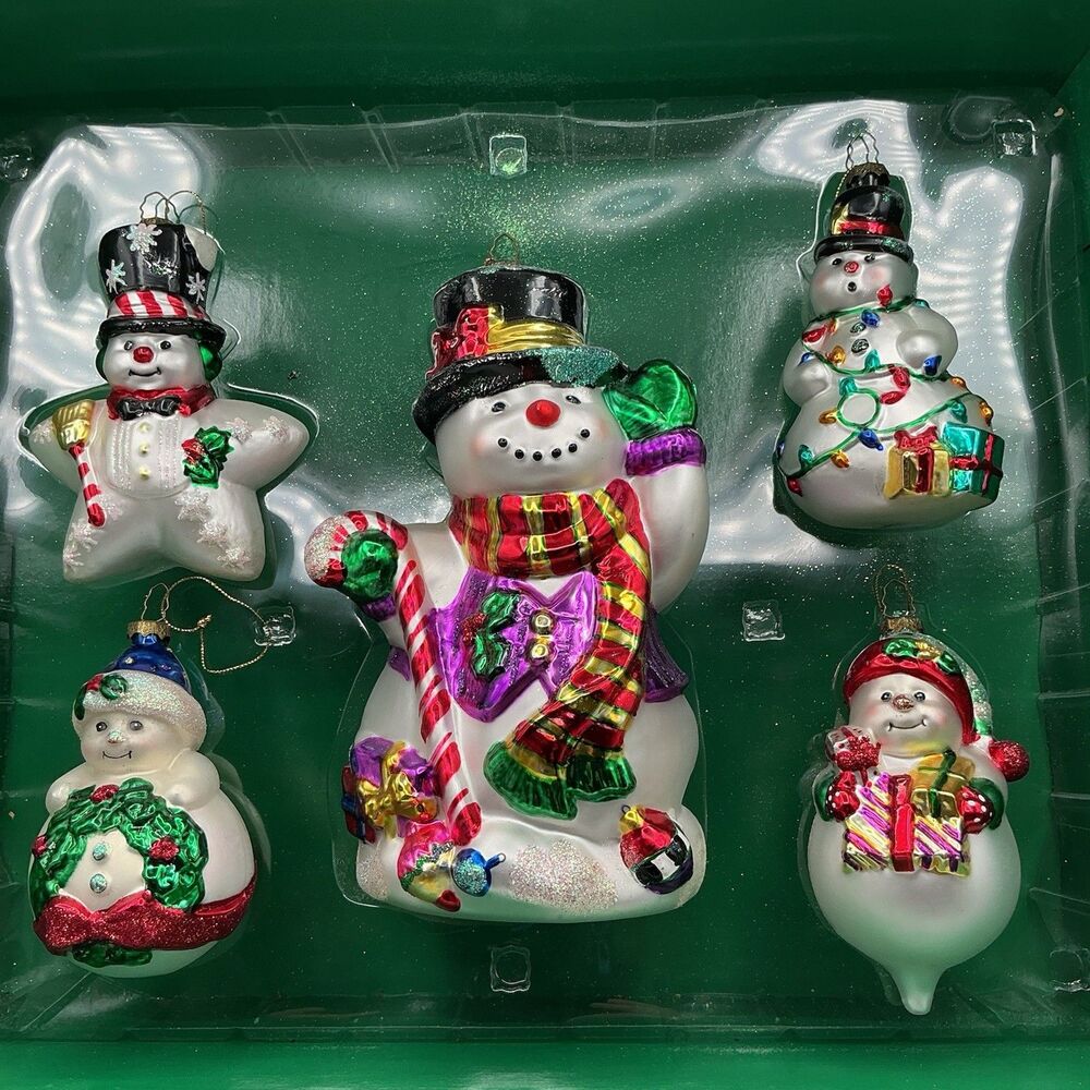Lumiere Snowman Hand Blown Glass Christmas Ornament Set 5 Boxed Vintage 1998
